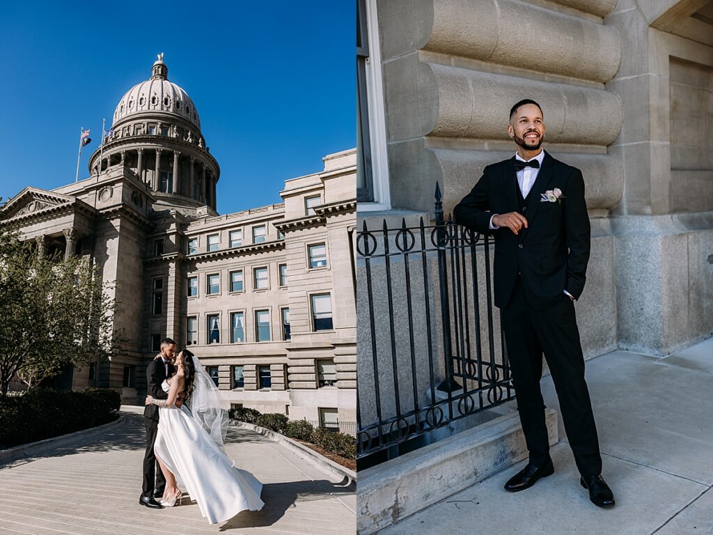 Boise elopement photographer capturing Idaho State Capitol elopement